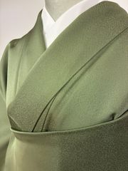 裄65.5 単衣 色無地 付下げ 化繊 グレー 流水絵羽柄 縫い紋 笹 お茶席
