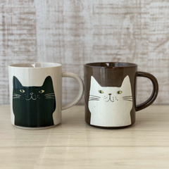 【2点】新品 日本製 美濃焼 ねこ ネコ マグカップ コーヒーカップ 黒猫 白猫 化粧箱入り ギフト
