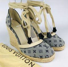 新品未使用★LOUIS VUITTON・ルイヴィトン レディース キャンバスレザー モノグラム柄 アンクルストラップ ジュートコンビ ウェッジソール サンダル 厚底（35）