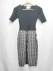 ◇ 未使用 ⊆ ミシェルマカロン ギンガムチェック柄 五分袖 膝下丈 ニット ワンピース サイズXS ブラック系 レディース E  【1507160001513】