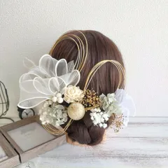 ヘッドドレス 髪飾り＊結婚式 成人式 卒業式 和装 打掛 振袖 袴~ホワイトボリュームリボン ダリア~グレー 灰色 20本