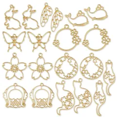 【クーポン有】(蝶・兎・桜) アクセサリーパーツ カン付き ゴールド セット 10種20個 空枠 フレーム レジン枠