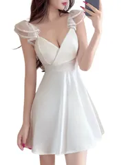 L_ホワイト [ココアンドユカ] カシュクール レース タイト セクシー フレア ミニ ワンピース キャバ 嬢 ドレス パーティ フリル ミニ スカート ワンピ 半袖 ノースリーブ パット 付き (L, ホワイト)