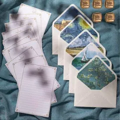 レターセットおしゃれ 絵画 アート 芸術　2セット組　手紙　お祝い挨拶　おしゃれ お見舞い お礼状用 手紙 誕生日 記念日 母の日　ブルー ゴッホ 封筒　独特の雰囲気