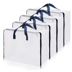 【数量限定】押入れ収納袋 透明 荷重：50KG 持ち手とファスナー付き ダークブルー 収納ケース 収納ボックス 洋服 70x50x30cm 衣類 ぬいぐるみ 引っ越し （XXL-4個セット）布団袋 大容量 収納袋 ふとん 布団収納袋 YOSTORYA