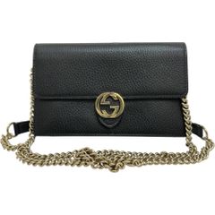 【GUCCI/グッチ】インターロッキングG 510314 チェーンウォレット 長財布 レザー/GP ブラック革/ゴールド金具 レディース 【中古】【真子質店】【BL】