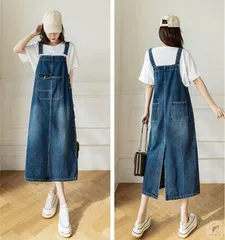 ジャンパースカート レディース デニム ジャンスカ サロペット デニムワンピース オールインワン デニム ロング丈 体型カバー カジュアル ミモレ丈 オールインワン ノースリーブ シンプル 無地 ゆったり 調節可 ポケット 6EQh570