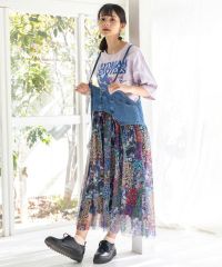 ScoLar（スカラー）花×ヒョウパッチワーク柄 デニム切替ワンピース　グレー、ブルー　151655