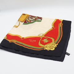 美品 CELINE セリーヌ 総柄 シルク 大判スカーフ フランス製 ネイビー