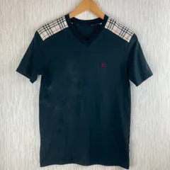 BURBERRY LONDON バーバリーロンドン Tシャツ 半袖 Vネック ノバチェック切替 ロゴ刺繍 ブラック Mサイズ メンズ 古着 カジュアル トラッド