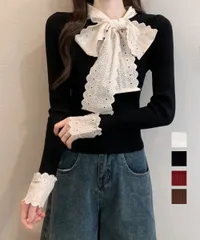 ニットトップス 刺しゅうレース ボウタイ