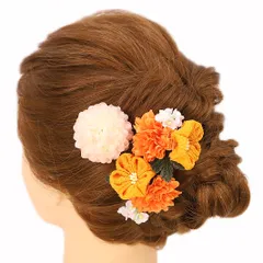 髪飾り 成人式 振袖 袴 ３点セット 橙 大人 浴衣 かんざし 簪 卒業式 フォーマル 結婚式 花飾り つまみ細工 ちりめん 手作り W30 W303-220 髪飾り 橙 o746　WSi