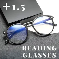 1.5 老眼鏡 メガネ 眼鏡 ブルーライトカット UV紫外線 黒ブラック 黒縁 軽量丸い大きめ シニアグラス ボストン お洒落可愛いPCパソコン ラウンドボストン型リーディンググラス 男性用女性用 TR90 しなやか40代50代60代ユニセックス おしゃれ