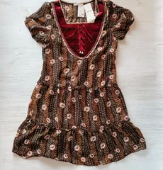 axes femme 花柄　秋口　レトロ　ワンピース　胸元ベロア　Mサイズ