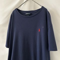 M 90s～ ポロバイラルフローレン Uネック クルーネック ワンポイント Tシャツ 無地 ブリーチ 紺