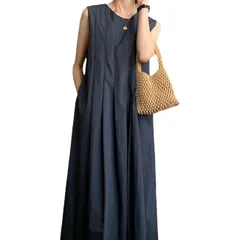 ワンピース ノースリーブ ラウンドネック 抽褶デザイン ゆったり シンプル ミニマルデザイン 夏用 レディース M250228-1925