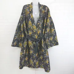 ◇ ◎ ノーブランド ウエストリボン付 総柄 フラワー 花 長袖 ガウン コート ブラック イエロー系 レディース E  【1303240020531】