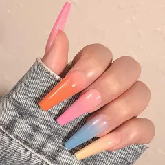 Liberte555 ネイルチップ ギャル 子供 付け爪 長い 地雷系 可愛い キラキラ シール グッズ(マルチカラー1,  ロング)