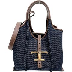 【TOD’S/トッズ】Tタイムレス ショッピングバッグ 2WAY ショルダー ハンドバッグ デニム/レザー ネイビー/ブラウン レディース 【中古】【真子質店】【BL】