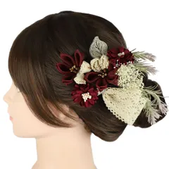 髪飾り 成人式 臙脂 ワインレッド つまみ細工 ナチュラルテイスト 振袖 前撮り 袴 花 ゴールド オフホワイト カスミソウ リー No.9-5507