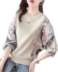 L_ベージュ [マリアマーファ] プッチ柄 ドルマンスリーブ ブラウス レディース 長袖 トップス 春 秋 カット- 4色展開 ゆるシャツ 清楚服 可愛い 柄 おしゃれ カジュアル カラフル エレガント 丸首 オフィス 大きめ 細身 ユッタリ 体型 カバー プ