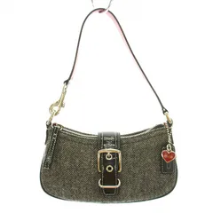 コーチ COACH ポーチ 化粧ポーチ ハンドバッグ ミニバッグ ツイード レザー ロゴプレートチャーム 黒 ブラック グレー 1406 /YT