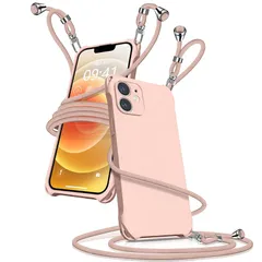 iPhone12 ケース ショルダー シリコン iphone 12 スマホケース アイフォン12 カバー 耐衝撃 肩掛け 斜めかけ 縄掛けケース 紐付き 斜めがけ 織りストラップ付き 長さ調整可能 取り外し可能 傷付き防止 マット質感 指紋防止(ピンク) 0