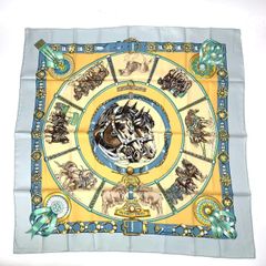 新品同様 HERMES エルメス カレ90 CHEVAUX DE TRAIT 輓馬 シルク スカーフ ブルー