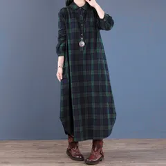 ☆ グリーン ☆ Lサイズ ☆ シャツワンピース lysh52 シャツワンピース 長袖 レディース ロング ワンピース ワンピ 春 秋 冬 マキシワンピース マキシ丈 コットン 綿 ポケット付き チェック シンプル フロントボタン 通勤 通学 カジュアル