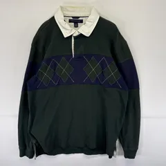 古着 トミーヒルフィガー TOMMY HILFIGER 長袖 ラガーシャツ アーガイル柄 袖ワンポイント ポロシャツ ハーフボタン L  グリーン メンズ