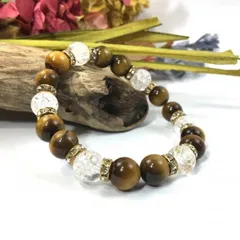 タイガーアイ×クラック水晶 パワーストーン ブレスレット 天然石ブレス (ゴールド) 10mm メンズ・レディース 金運 仕事運 願望成就  [11]