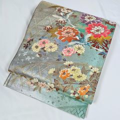 袋帯　蛇籠に花鳥模様織り出し