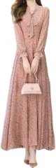 Stella ann きれいめ ワンピース レディース 長袖 秋春 花柄 細見え マキシ丈( ピンク,  2XL)