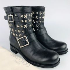 미품 JIMMY CHOO·지미츄우 레이디스 레더 스타 스터드 첨부 쇼트 부츠 JAPAN EXCLUSIVE EDITION(36)일본 한정 이탈리아제 레이디스 부츠 부츠 가을 겨울 물건 캐주얼 블랙 구두 엔지니어 부츠