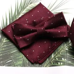 蝶ネクタイ　ポケットチーフ　セット　ワンタッチネクタイ　結婚式　発表会　パーティー　イベント　卒業式　入学式　入社式　ダンスパーティー　バーテンダー　スーツ　ワイシャツ　格安　小物　ドット柄　ストライプ柄　ワインレッド色　シルバー色　ホワイト色　メンズネクタイ