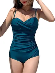 ISLAYCAOLILA アイラカリラ カシュクール ワンピース 水着 Vカット カラフル 単色 ビーチウエア スイムウエア レディース( ピーコックブルー,  L)