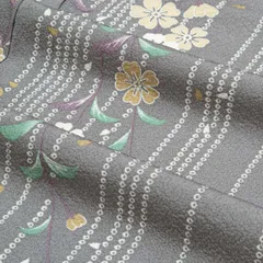 【未使用品】小紋 単衣 友禅 疋田縞 枝垂れ桜 菊 縮緬 グレー 正絹 身丈：約159cm 裄：約70.5cm