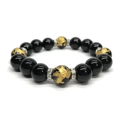12mm 四神獣金彫オニキス×モリオン パワーストーン ブレスレット天然石 運気上昇  金運 健康運 厄払い お守り 青龍 白虎 玄武 朱雀 （シルバー）メンズ・レディース　男性・女性　数珠ブレス 開運 [15]　