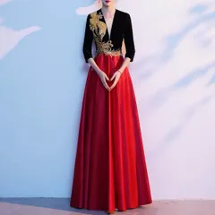 【新品 未使用】2026新作 カラードレス 演奏会 赤  ロングドレス  七分袖 Vネック ゴールド刺繍 華やか コンサート 披露宴 パーティードレス 発表会 ウェディングカラードレス 二次会 サテンドレス 結婚式 ステージ衣装 