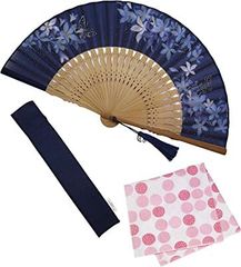 [大阪長生堂] 扇子 レディース 女性用 母の日 高級 ビジネス 扇子入れ ハンカチ付セット アゼリア ネイビー