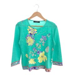 美品】LEONARD 春夏インターシャ編みブルー花柄とラインストーンの 