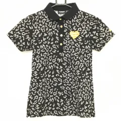 【超美品】カッパ 半袖ポロシャツ 黒×グレー 総柄 ハートワッペン 襟裏ロゴ レディース S ゴルフウェア Kappa