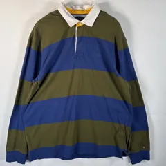 古着 トミーヒルフィガー TOMMY HILFIGER 長袖 ラガーシャツ ワンポイントロゴ刺繍 マルチカラー ボーダー 大きいサイズ XXL  ブルー メンズ