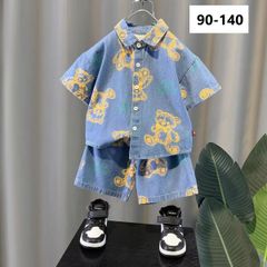 キッズ 柄 シャツ 子供服 セットアップ 上下セット デニムシャツ+ショートパンツ 2点セット 夏 男の子 シャツ 半袖 総柄 薄手 ハーフパンツ ボトムス ジュニア 半ズボン 涼しい 誕生日 プレゼント 小学生 お出かけ KSGA034(90-140)