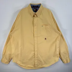 古着 90's/90年代 トミーヒルフィガー TOMMY HILFIGER 長袖シャツ ロゴ 刺繍 ボタンダウンシャツ 肉厚 XL  イエロー 無地 メンズ
