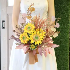 ヒマワリのヴィンテージ感あふれるブーケ　ブートニア付　結婚式　フォトウェディング