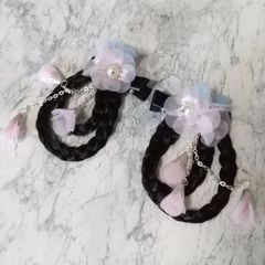 華流ヘアクリップ お花 パール ピンク水色 みつあみ付き 左右セット