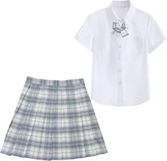 ルナリ 制服 3点セット 女子高生 JK ブラウス スカート リボン チェック柄 シンプル ハロウィン 仮装 コスプレ( 水色,  L)