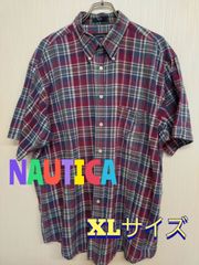 NAUTICA　ノーティカ　紺色・紫色・緑色　チェック半袖シャツ　XL　コットン100％　着丈84ｃｍ　身幅64.5ｃｍ　肩幅53ｃｍ　袖丈27ｃｍ