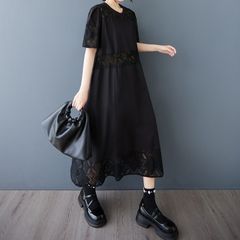モード系  ブラック クラシカル レースステッチ ラウンドネック 個性 ハーフスリーブ ミディドレス